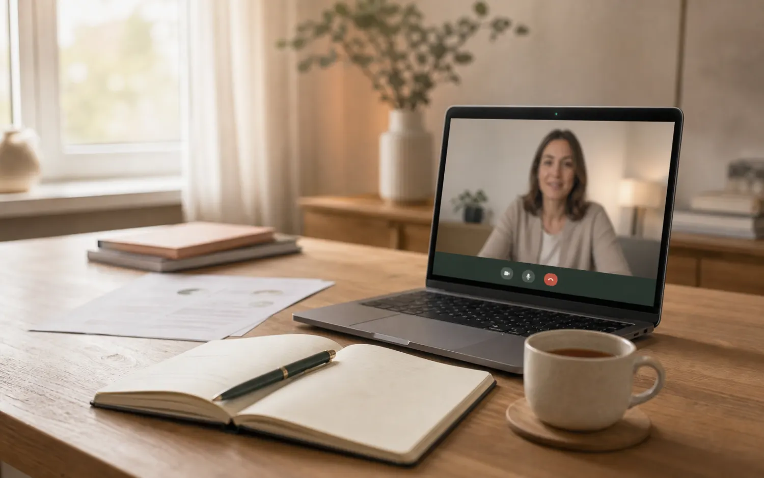 Schreibtisch mit Laptop und Notizbuch für eine Beratung