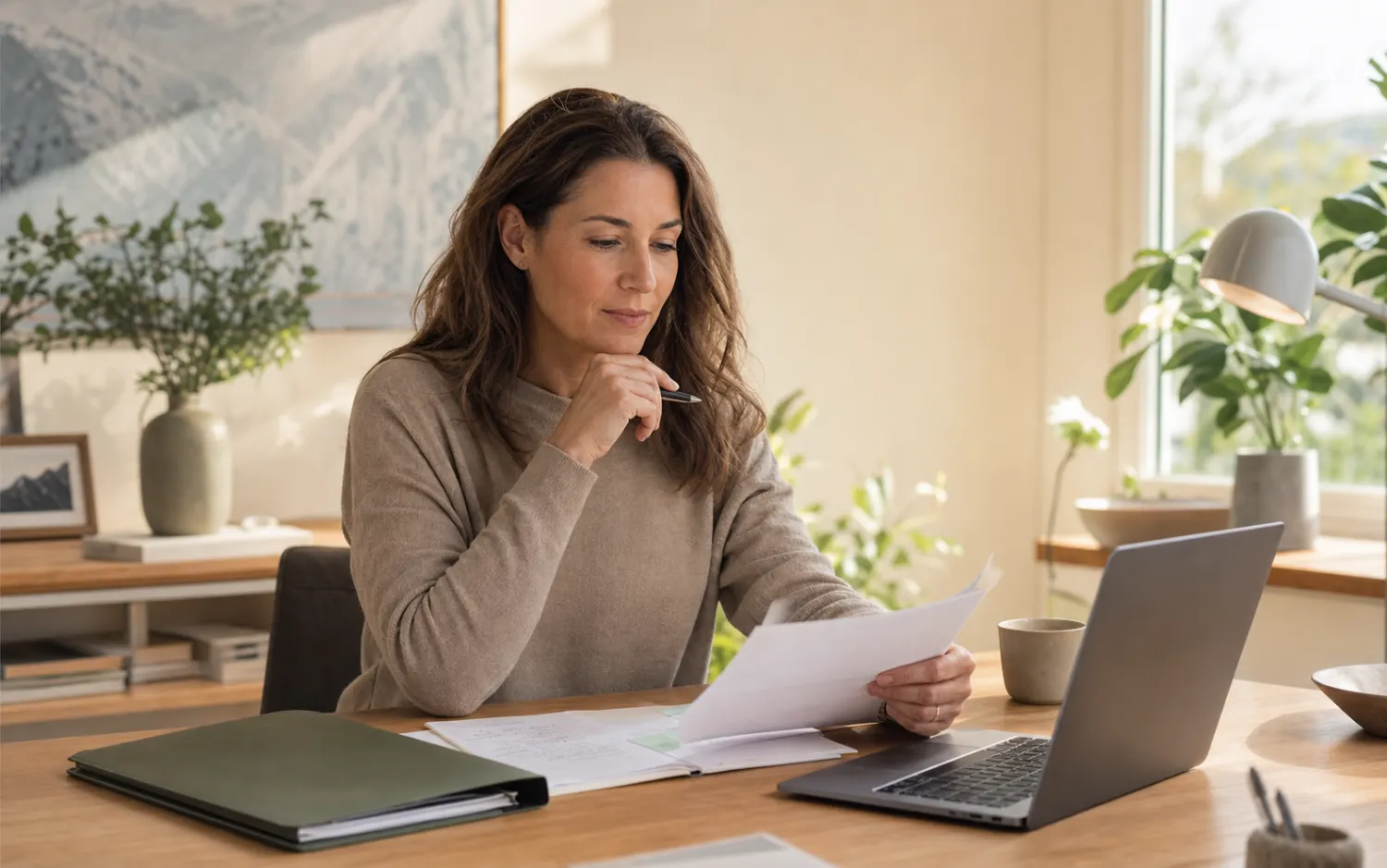 Unternehmerin prüft Unterlagen im Homeoffice