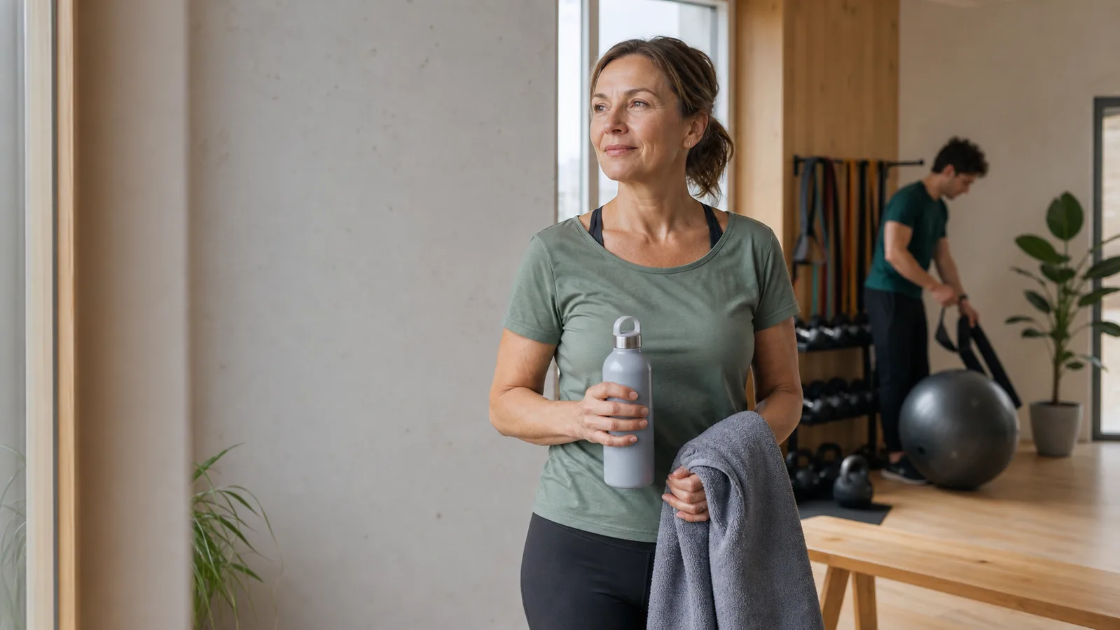 Aktive Frau nach einem ruhigen Training in einem hellen Schweizer Studio